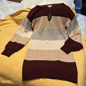 Cozy Casual sweater dress Small, NWT, maroon, tan, gray and cream